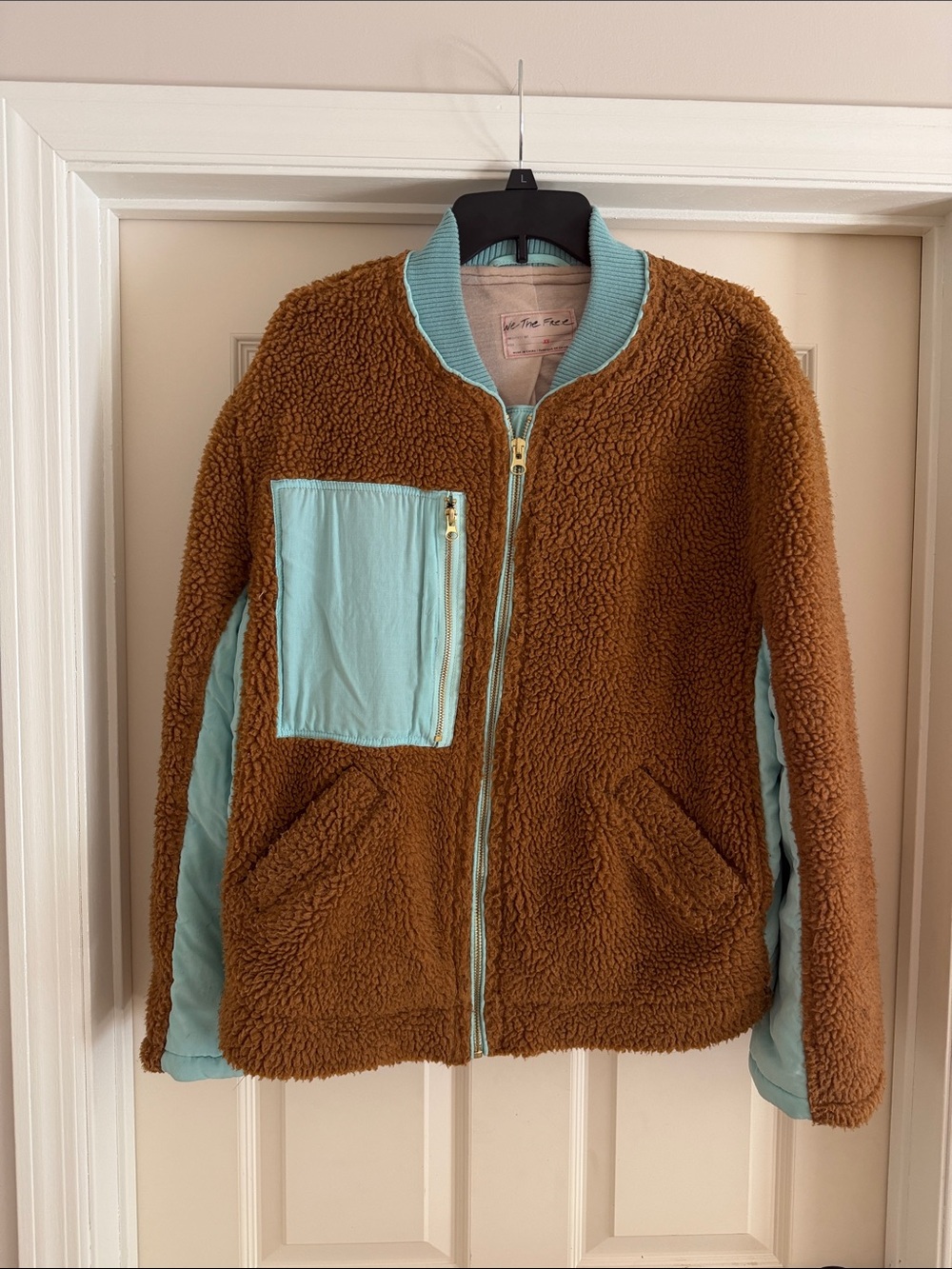 Free People Brown Sherpa Jacket with Light Blue Trim